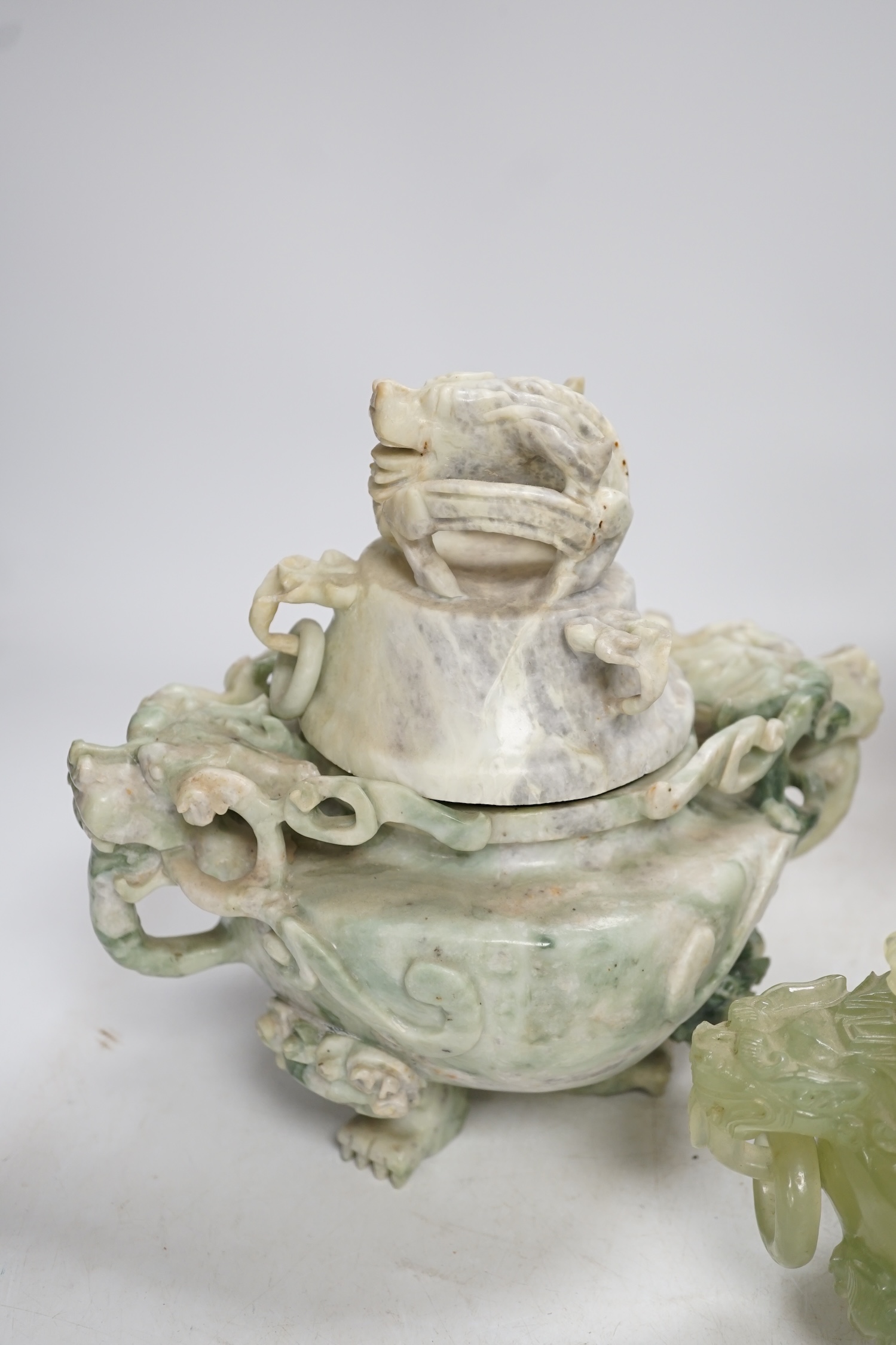 Five large Chinese hardstone and soapstone covered vases and censers and other carvings, largest 32cm. Condition - fair to good